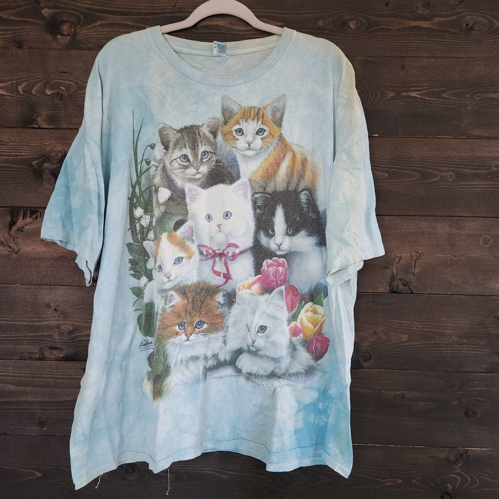 The Mountain Vintage 2000 Kitten Cat Graphic Tie Dye T-Shirt Blue Mens XXL